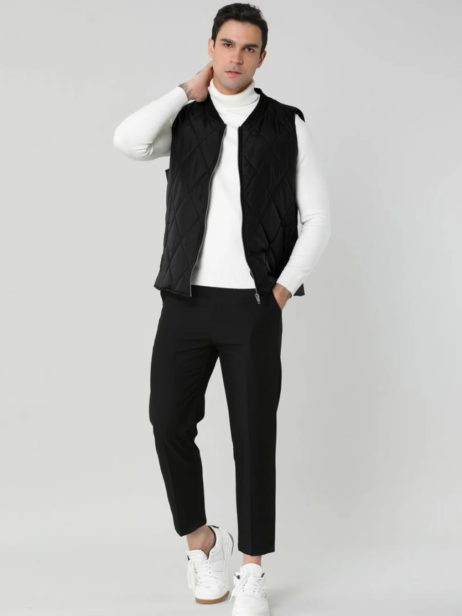 Black Men's Stand Collar Zip Up Puffer Vest Winter Gilet Jacket