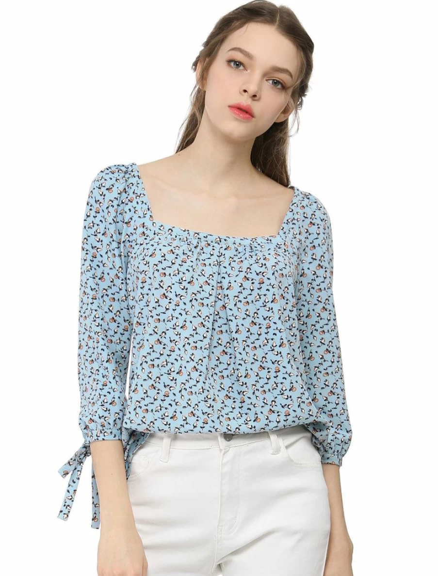 Women's Floral Print 3/4 Sleeve Square Neck Blouse with Tie Cuff Detail