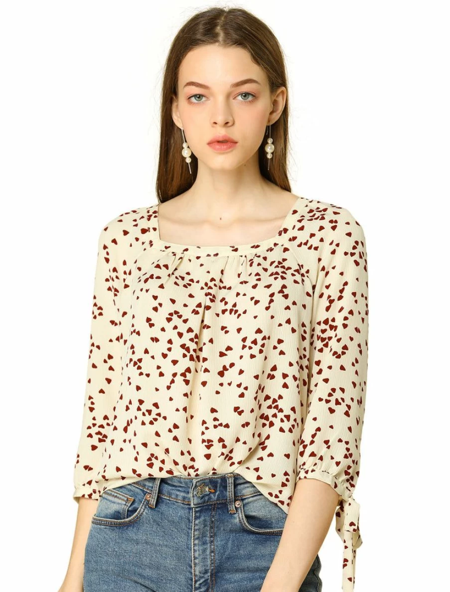 Women's Floral Print 3/4 Sleeve Square Neck Blouse with Tie Cuff Detail