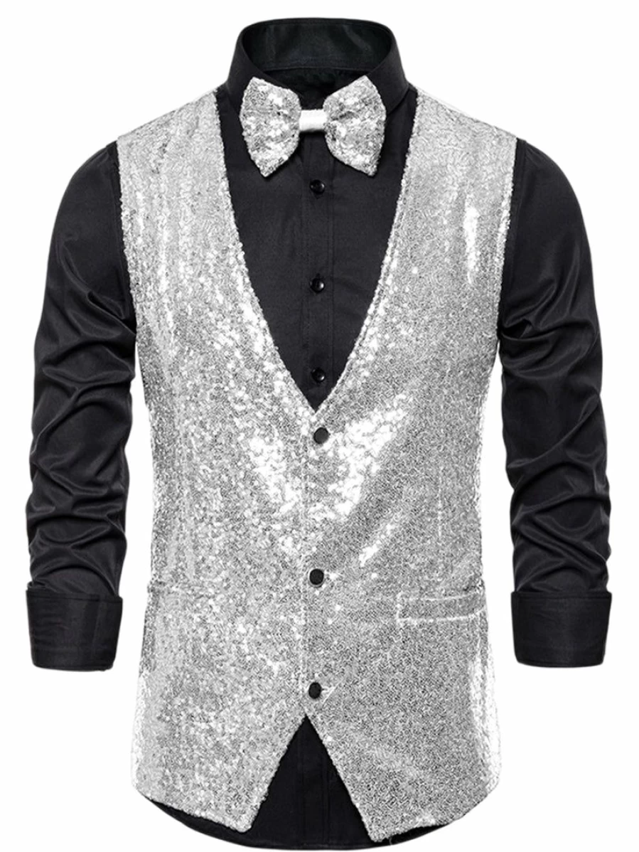 Men's Disco Shiny Sequin Vest Sleeveless Waistcoat Set with Bow Tie for Party