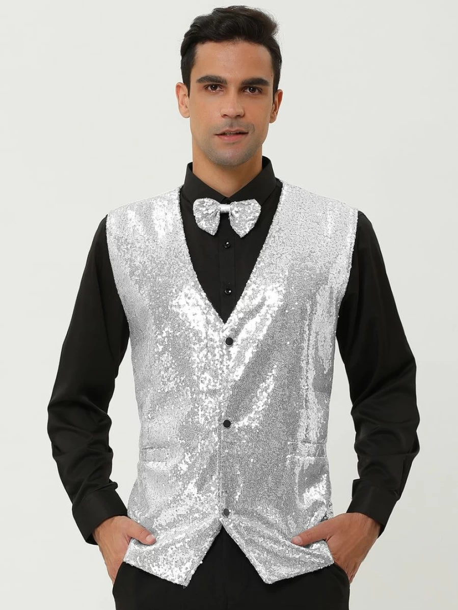Men's Disco Shiny Sequin Vest Sleeveless Waistcoat Set with Bow Tie for Party