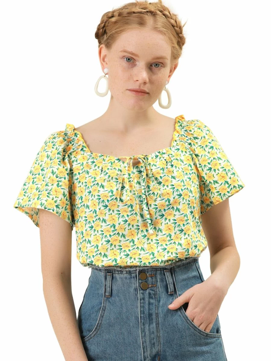 Allegra K Women's Yellow Floral Sweetheart Neck Ruffle Short Sleeve Blouse Top