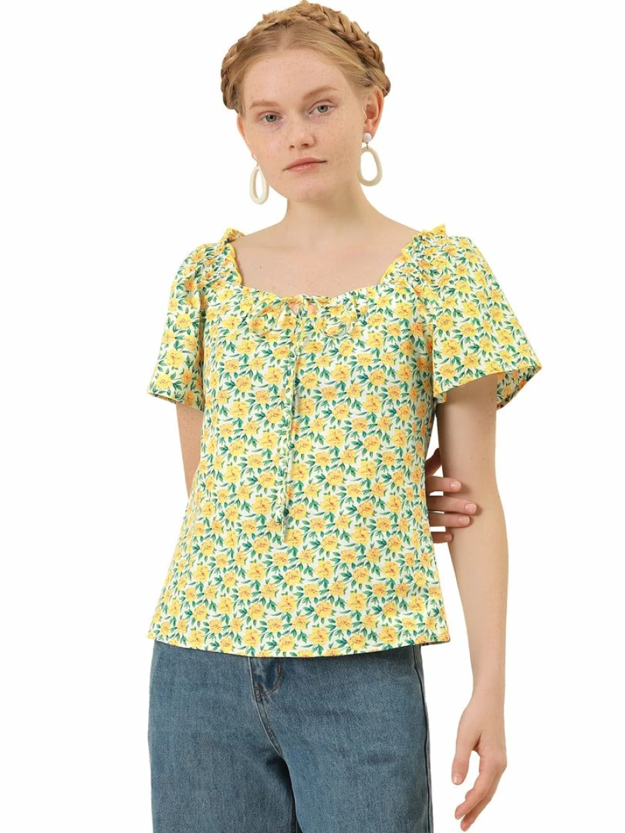 Allegra K Women's Yellow Floral Sweetheart Neck Ruffle Short Sleeve Blouse Top