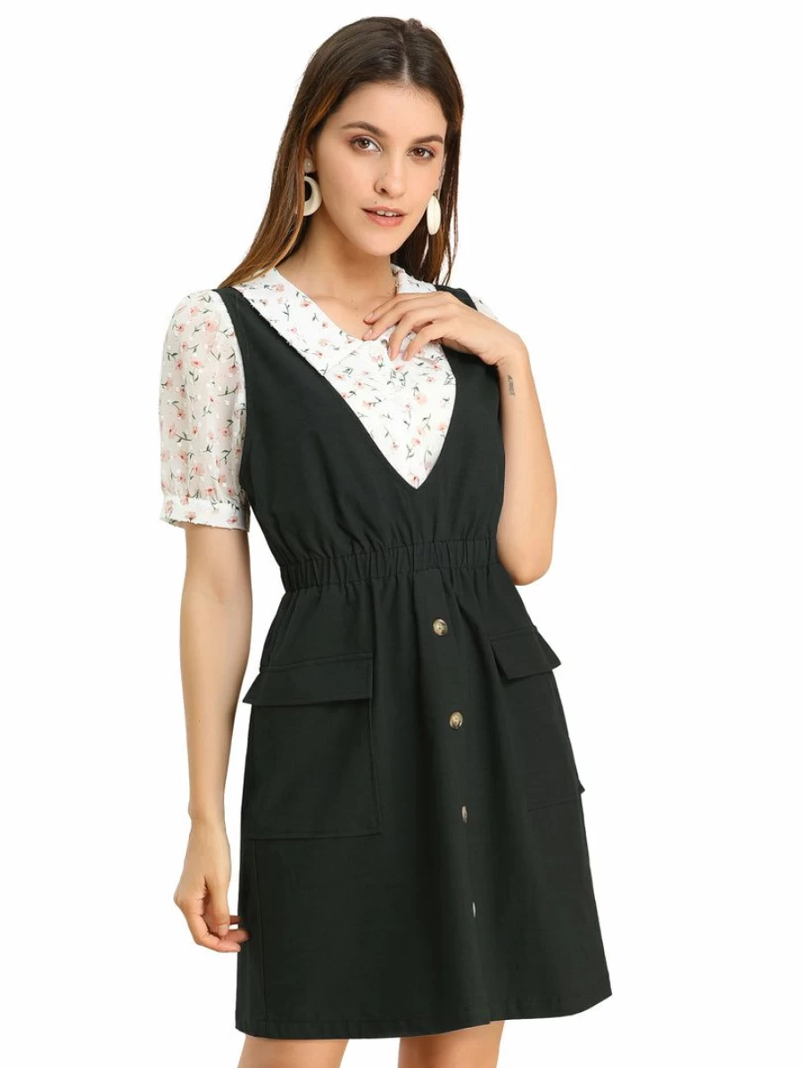 Allegra K Women's Black Solid Overalls Pinafore Dress with Pockets - Stylish Button Front Jumper