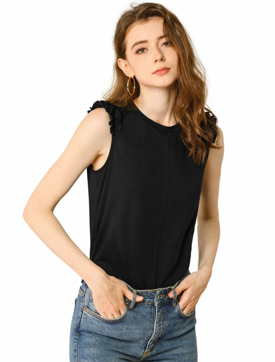 Allegra K Women's Black Cotton Sleeveless Ruffle Trim Casual Tank Top for Office Wear
