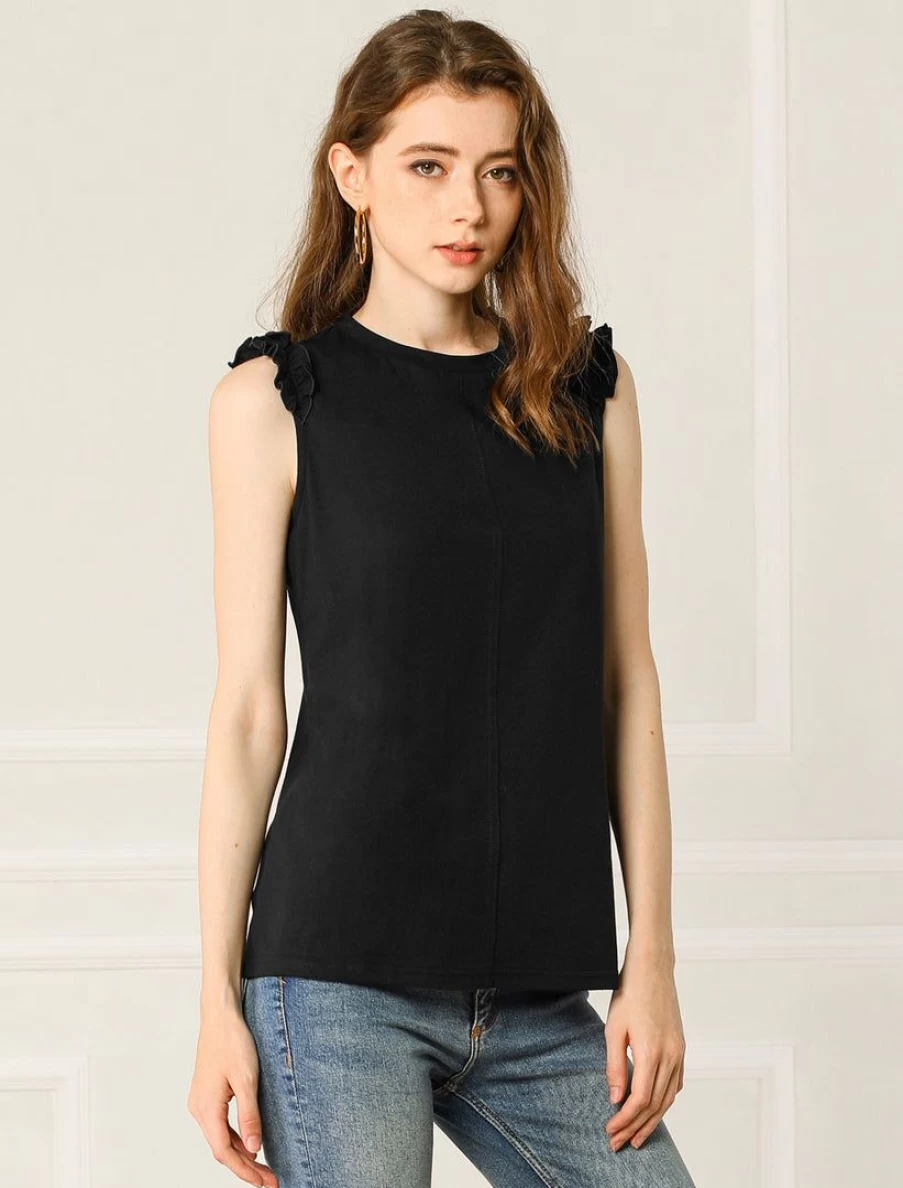 Allegra K Women's Black Cotton Sleeveless Ruffle Trim Casual Tank Top for Office Wear