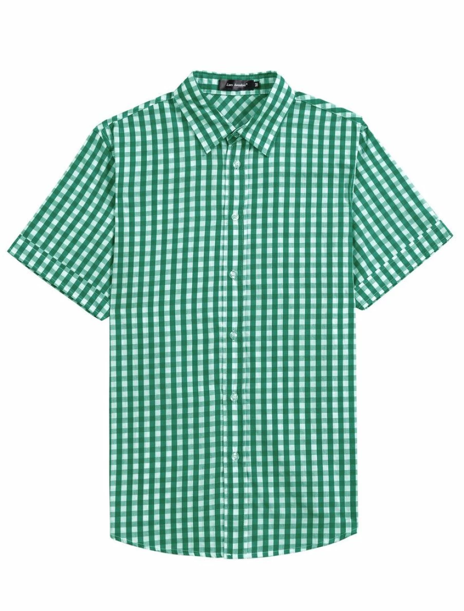 Allegra K Men's Green White Check Plaid Short Sleeve Casual Button Down Western Shirt