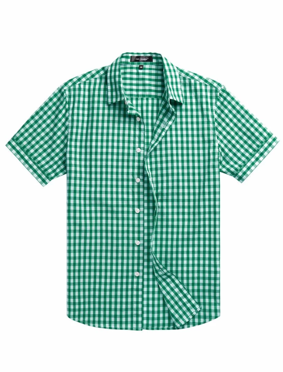 Allegra K Men's Green White Check Plaid Short Sleeve Casual Button Down Western Shirt