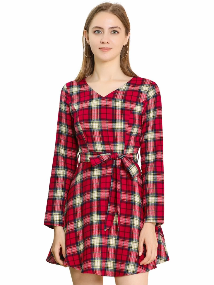 Allegra K Women's Red Plaid Vintage V-Neck Long Sleeve Belted Dress