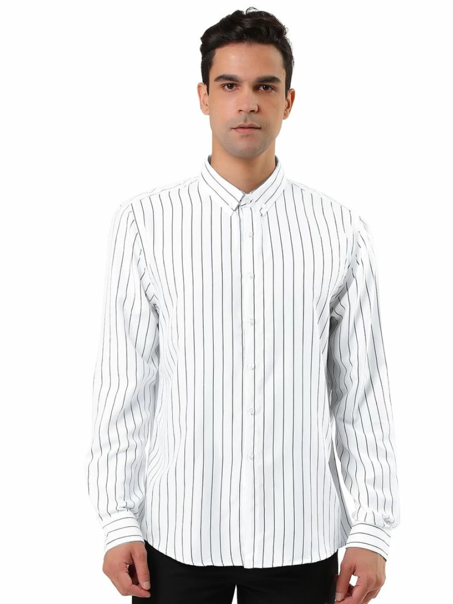 Men's Casual Long Sleeve Striped Button-Down Shirt Color Block Design