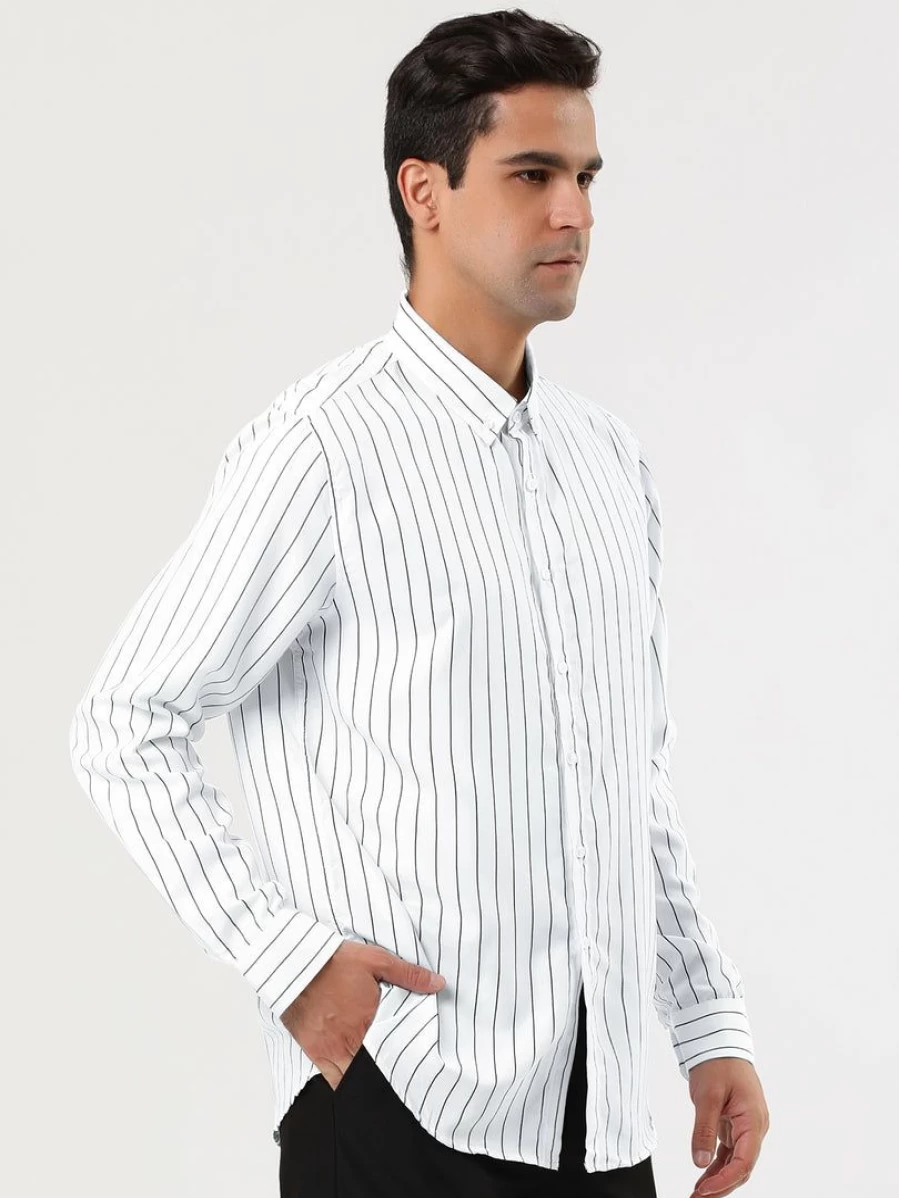 Men's Casual Long Sleeve Striped Button-Down Shirt Color Block Design