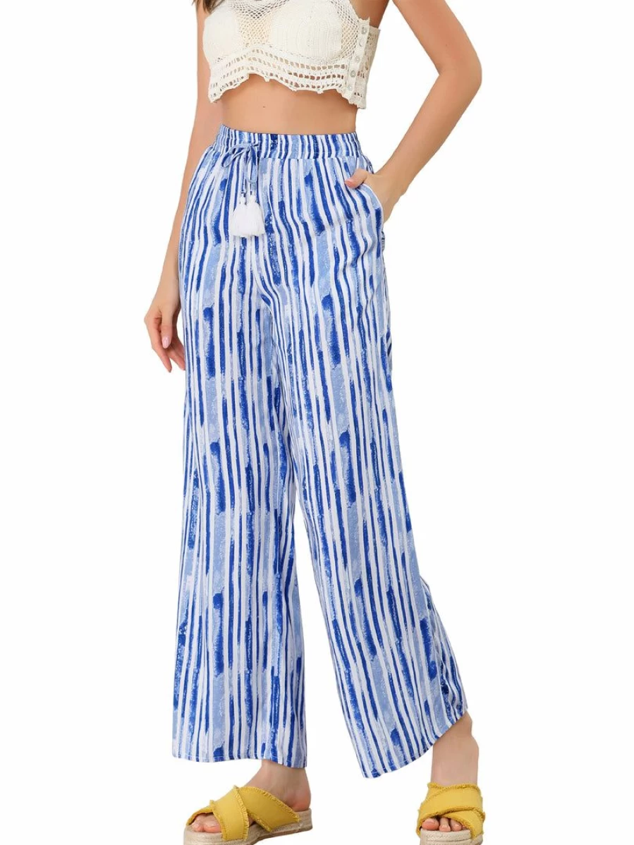 Allegra K Women's Blue Tie Dye Wide Leg Pants with Drawstring Waist