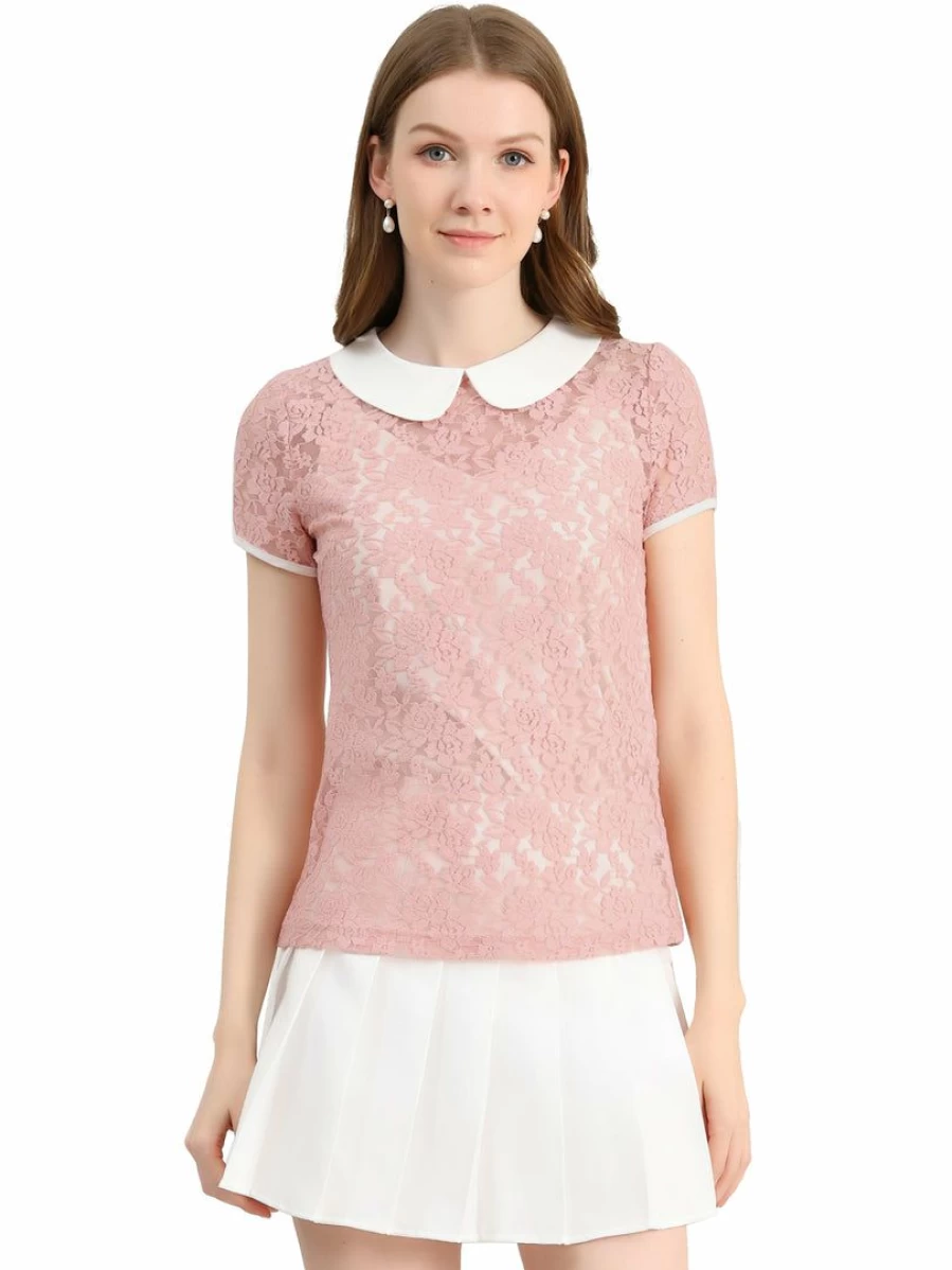 Women's Sheer Lace Top with Contrast Doll Collar Short Sleeve Blouse Elegant Feminine T-Shirt