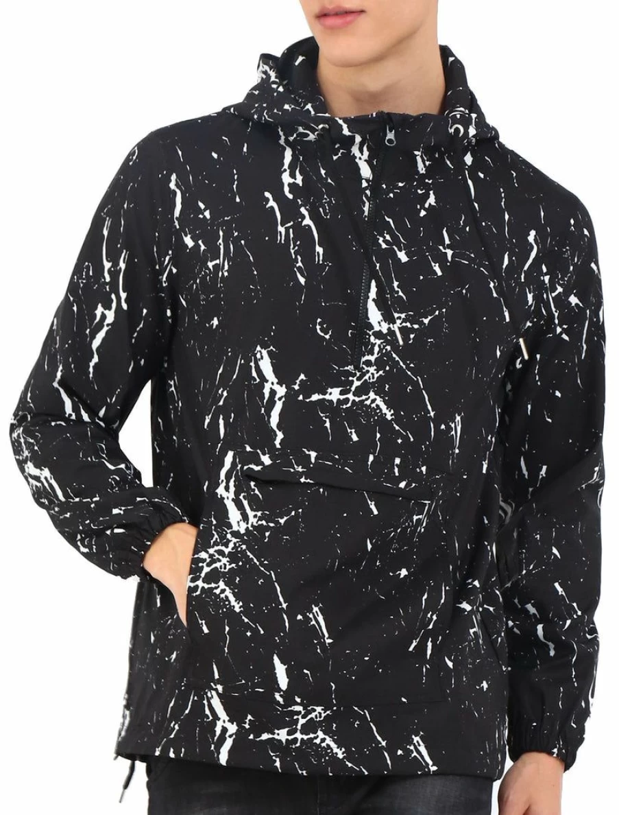 Men's Black & White Paint Splatter Half-Zip Hooded Windbreaker Pullover Hoodie