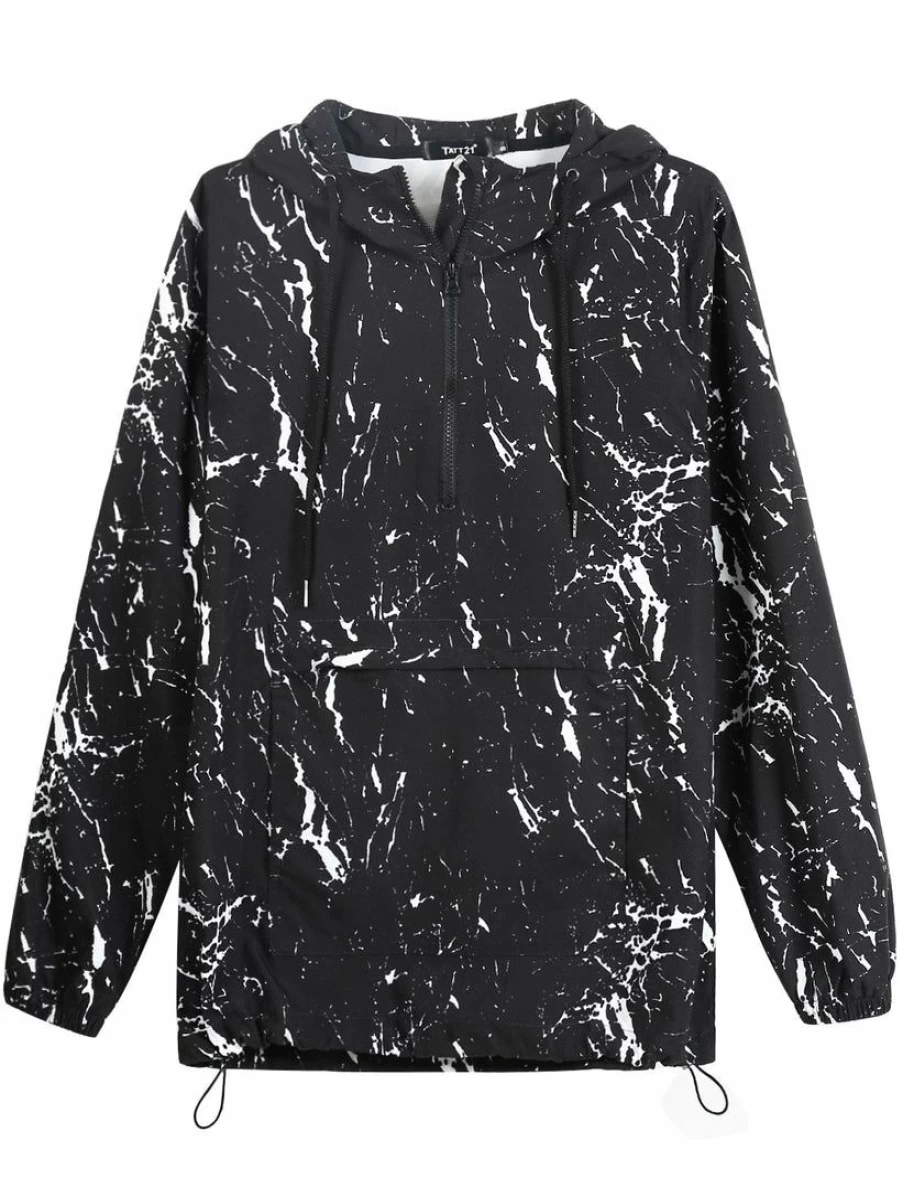 Men's Black & White Paint Splatter Half-Zip Hooded Windbreaker Pullover Hoodie