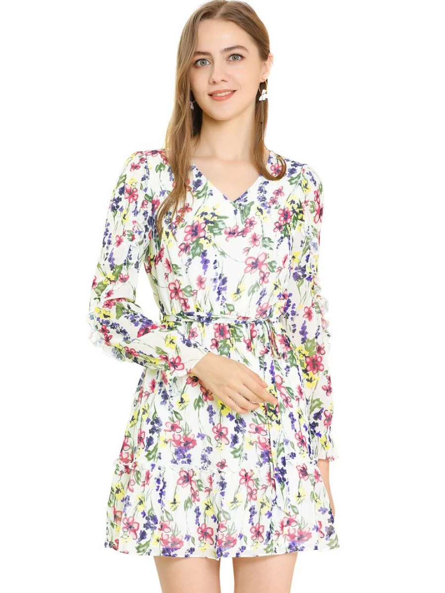 Allegra K Women's White Floral V-Neck Long Sleeve A-Line Dress with Ruffle Hem and Belt