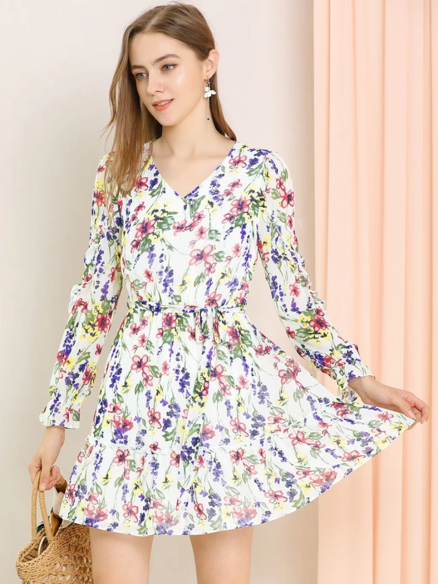 Allegra K Women's White Floral V-Neck Long Sleeve A-Line Dress with Ruffle Hem and Belt