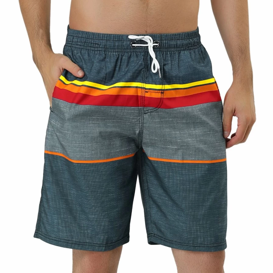 Men's Color Block Striped Swim Shorts with Elastic Waist & Drawstring for Summer Beach
