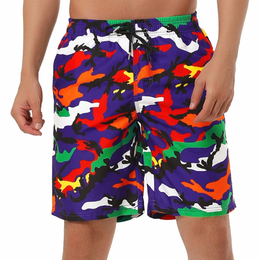 Men's Color Block Striped Swim Shorts with Elastic Waist & Drawstring for Summer Beach