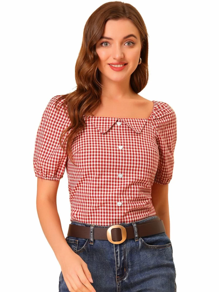 Red Plaid Grid Smocked Back Square Neck Blouse Top for Women