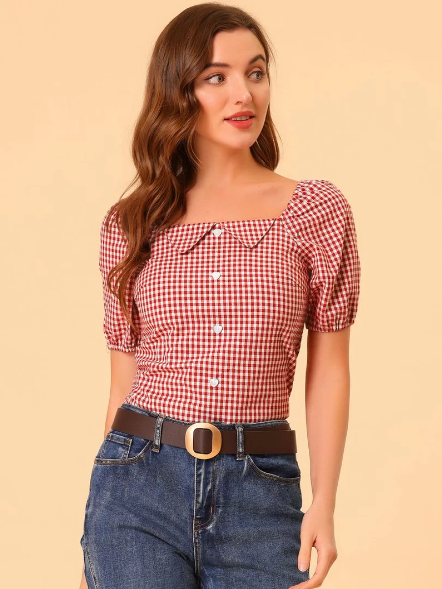 Red Plaid Grid Smocked Back Square Neck Blouse Top for Women