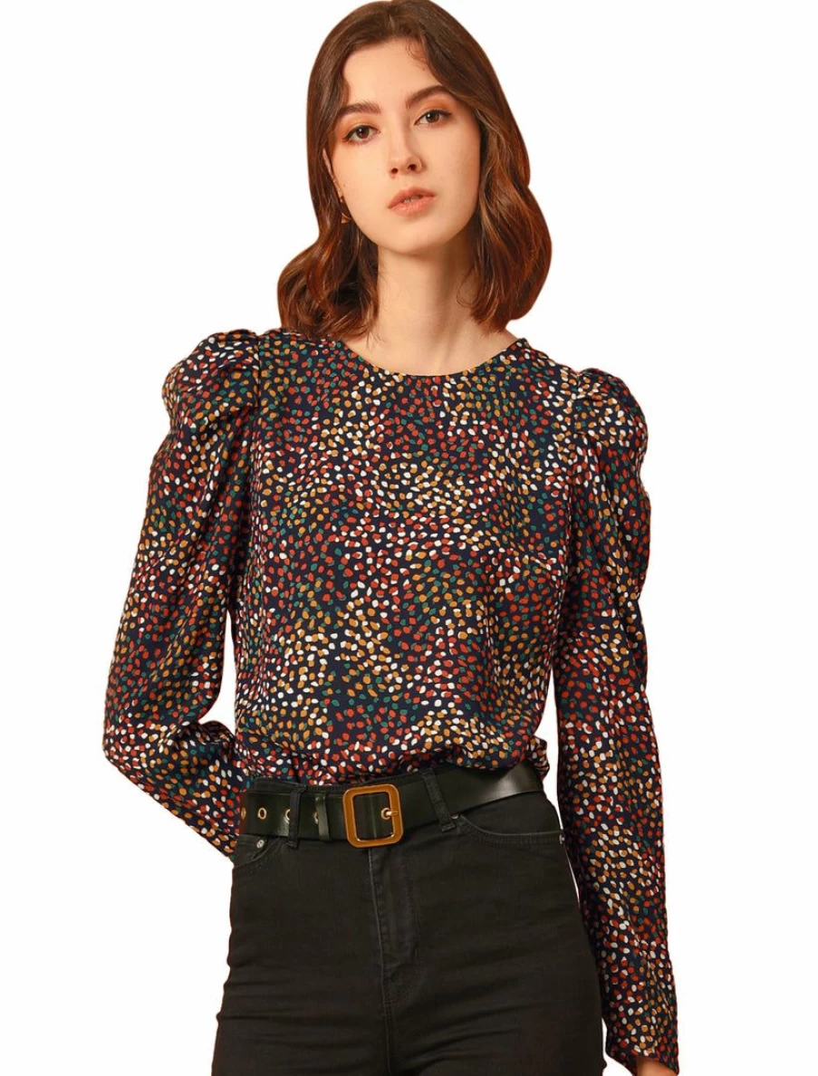 Vintage-Inspired Women's Puff Sleeve Blouse with Round Neck and Retro Style
