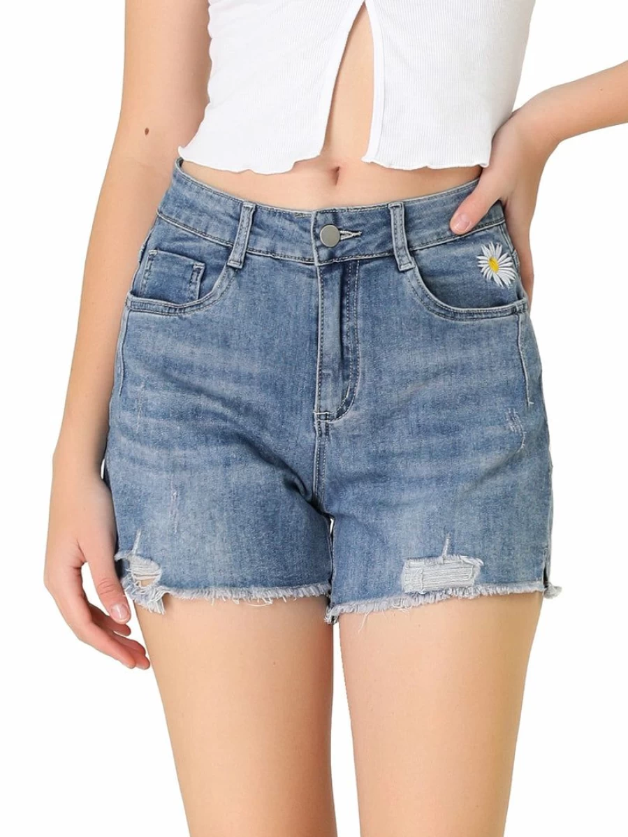 Women's Blue Denim Shorts with Frayed Hem & Ripped Daisy Floral Design for Summer