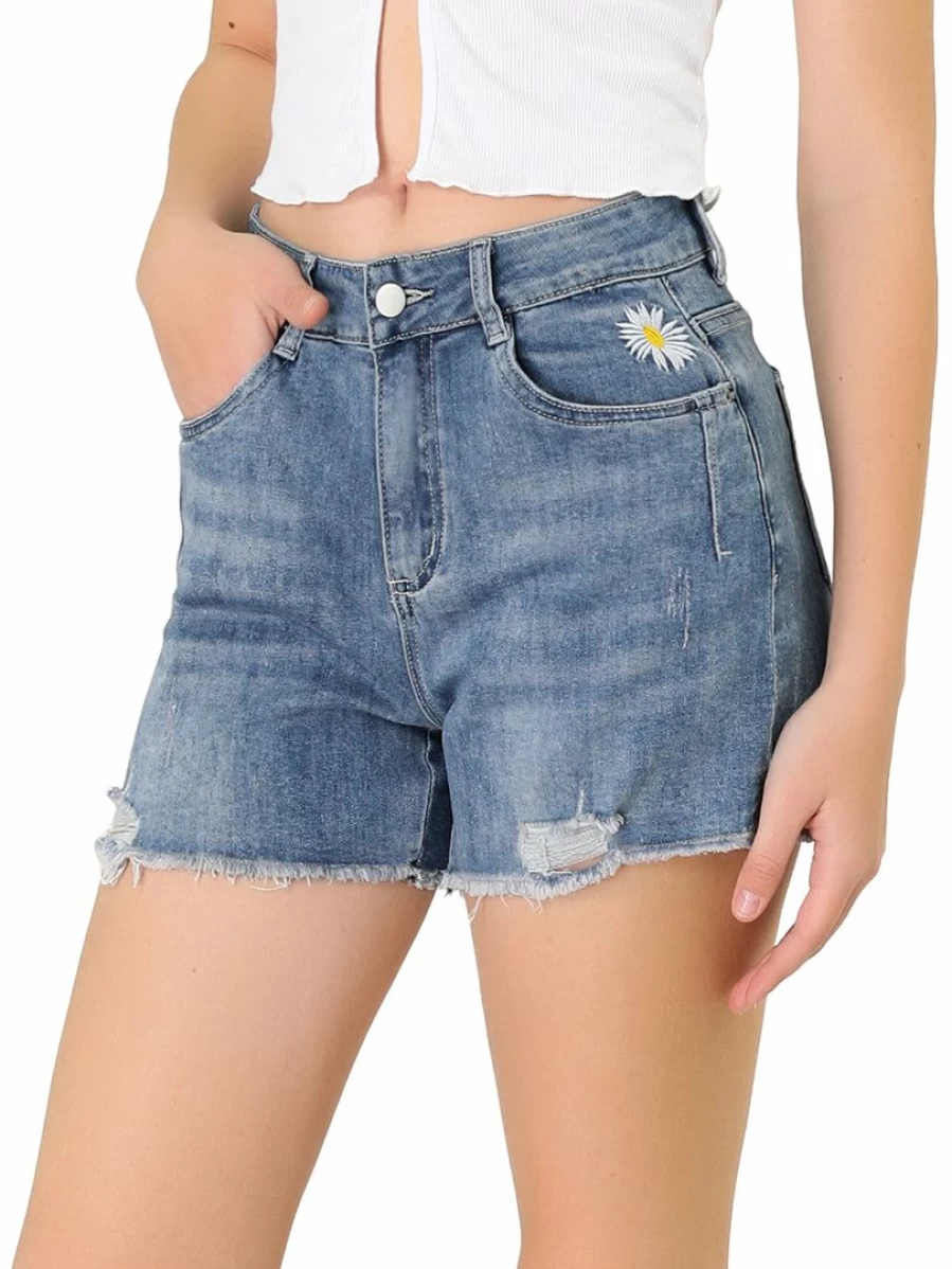 Women's Blue Denim Shorts with Frayed Hem & Ripped Daisy Floral Design for Summer