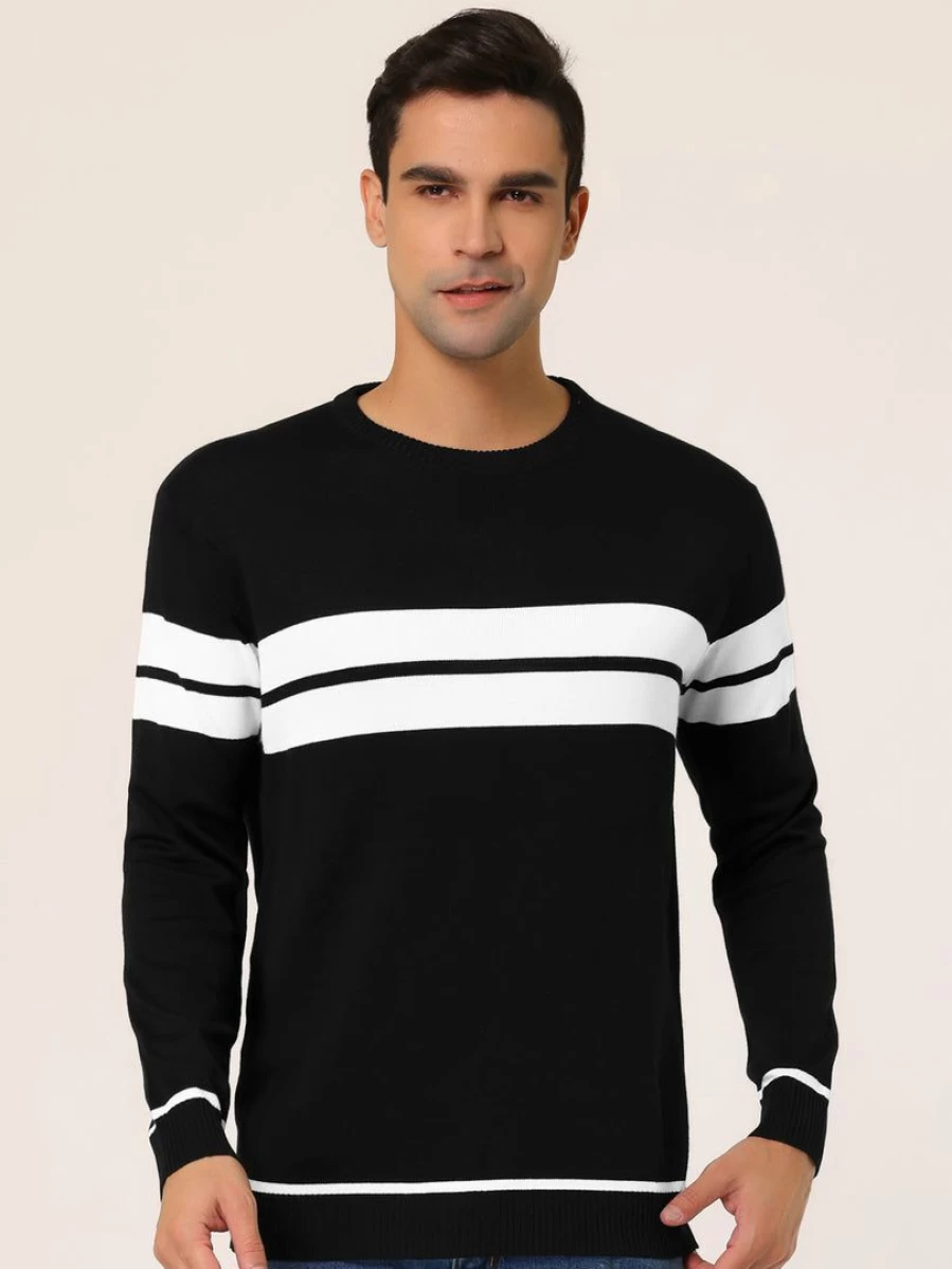 Men's Color Block Knit Sweater Casual Crew Neck Long Sleeve Pullover