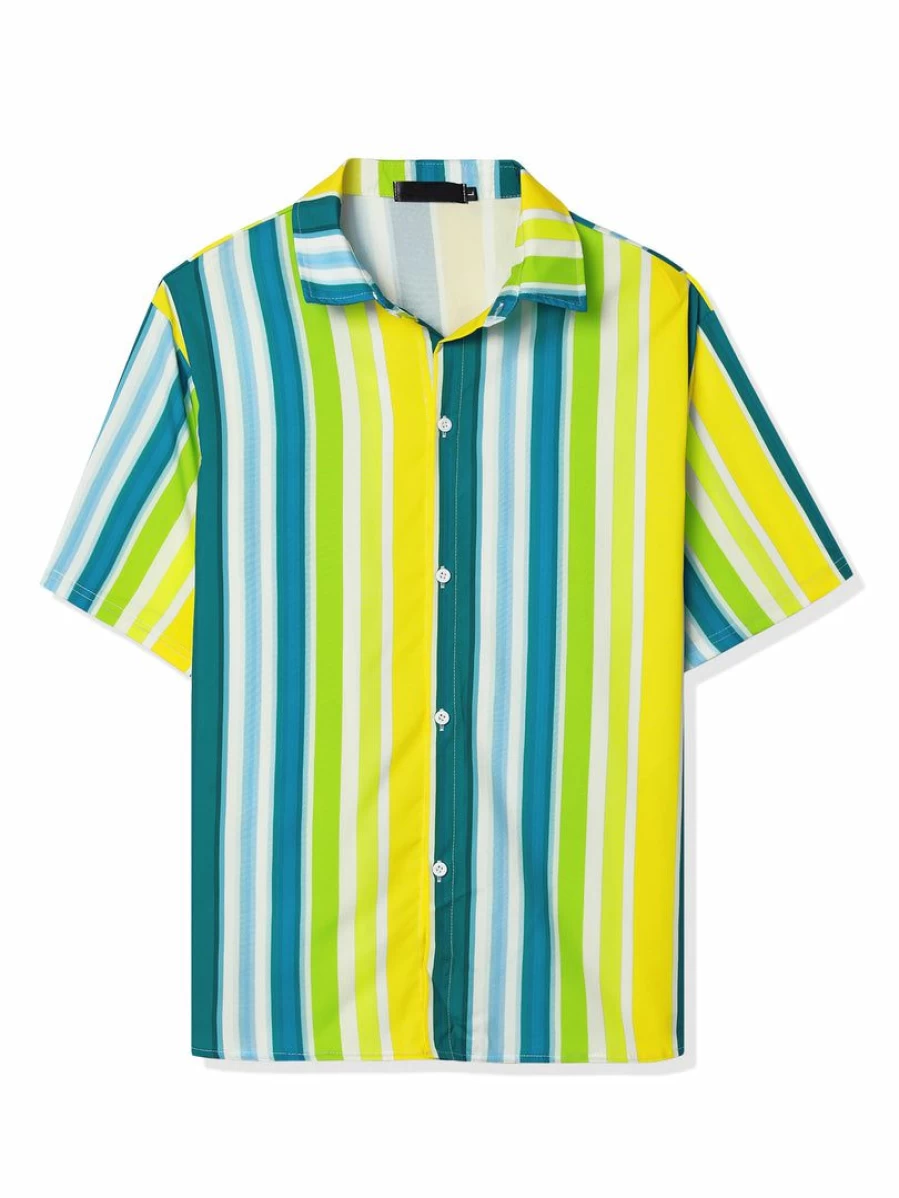Men's Summer Short Sleeve Striped Button Down Shirt - Beach Color Block Vertical Stripes Casual Shirt