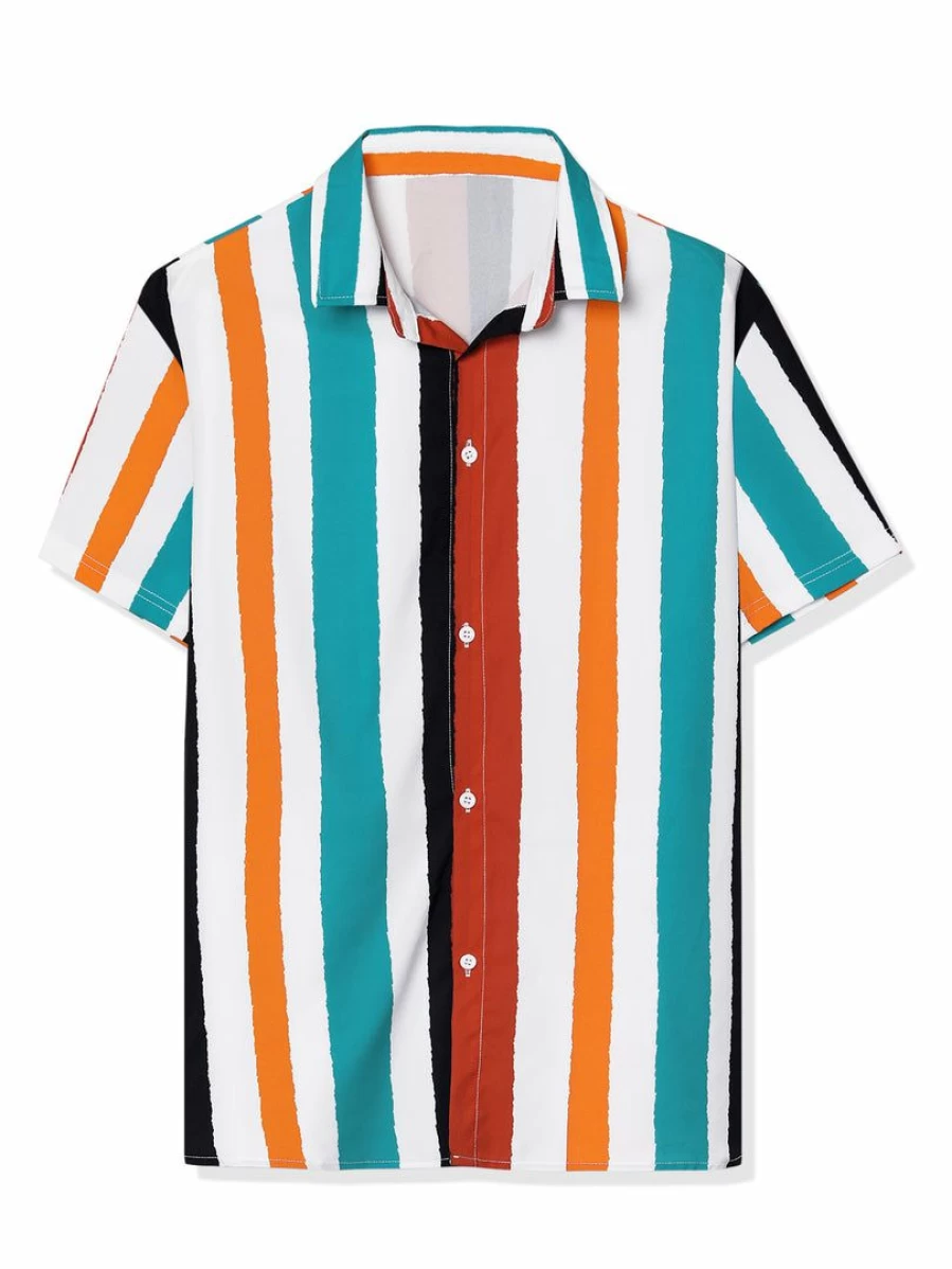 Men's Summer Short Sleeve Striped Button Down Shirt - Beach Color Block Vertical Stripes Casual Shirt