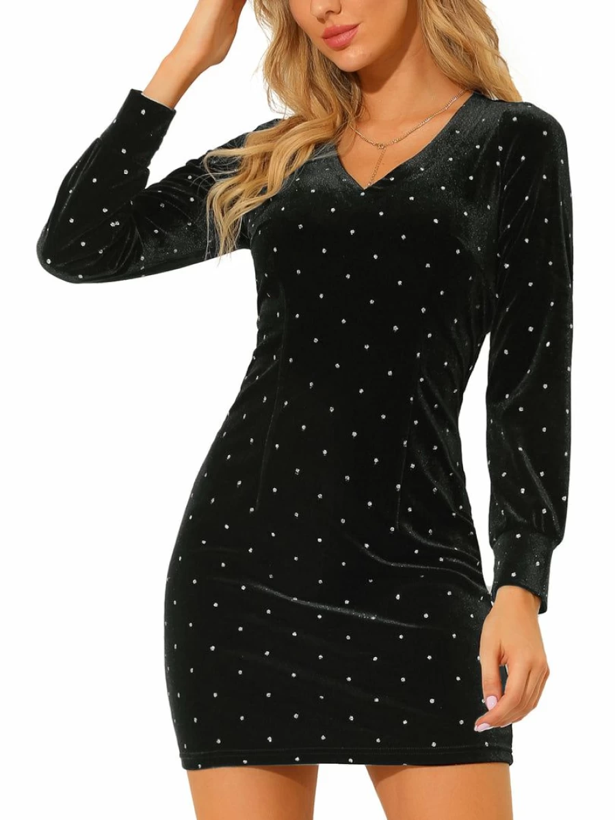 Black Velvet Glitter Bodycon Mini Dress for Women - V Neck Long Sleeve Party Dress