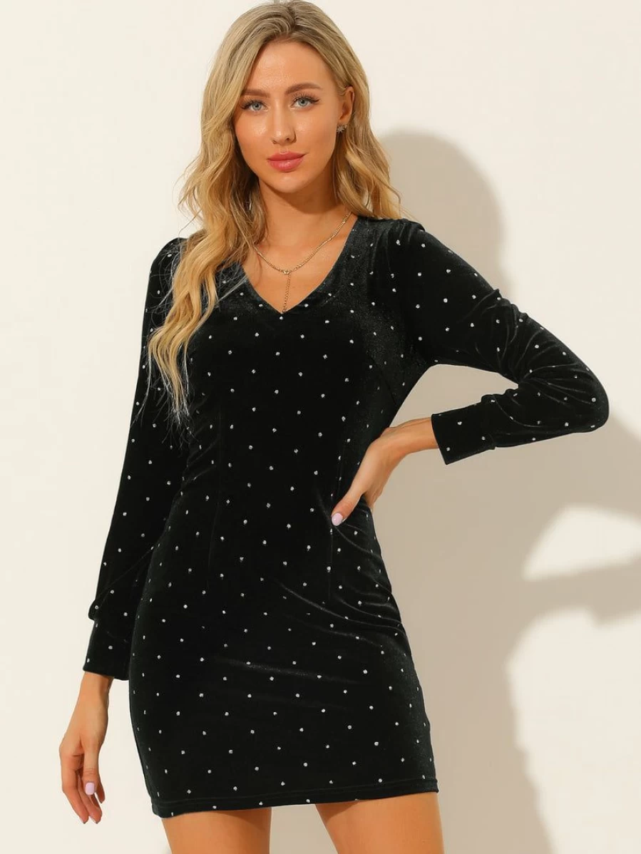 Black Velvet Glitter Bodycon Mini Dress for Women - V Neck Long Sleeve Party Dress