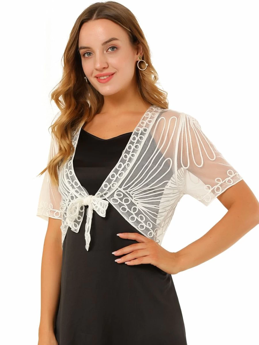 Women's Lace Mesh Short Tie Front Shrug - Elegant Cover-Up Bolero for Dresses & Tops