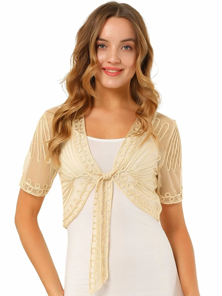 Women's Lace Mesh Short Tie Front Shrug - Elegant Cover-Up Bolero for Dresses & Tops