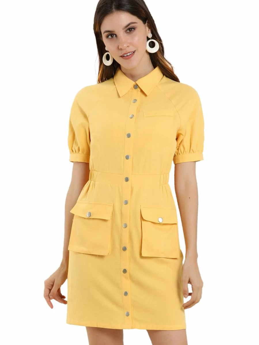 Allegra K Women's Yellow Short Sleeve Utility Dress with Button Down and Belted Design