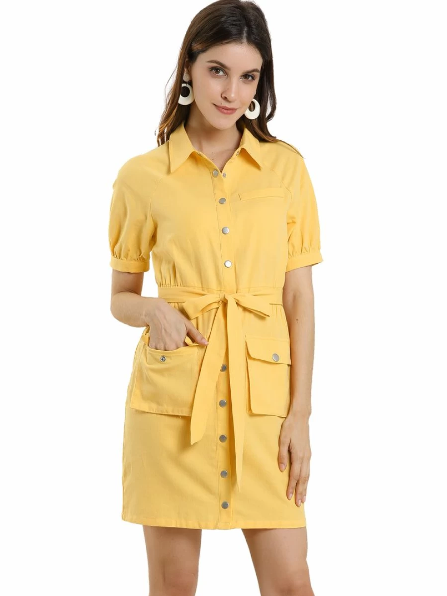 Allegra K Women's Yellow Short Sleeve Utility Dress with Button Down and Belted Design