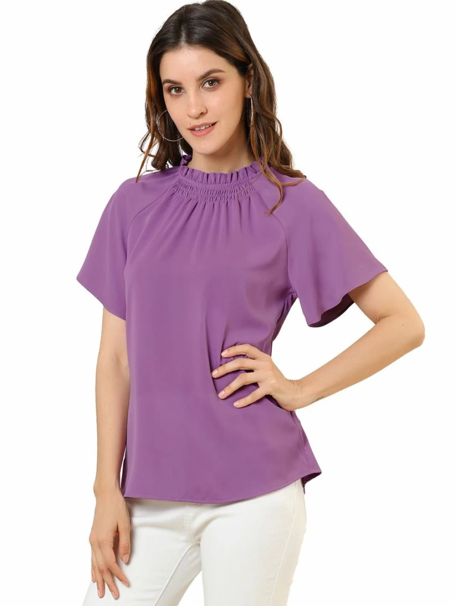 Purple Women's Casual Short Sleeve Blouse with Ruched Ruffle Neckline & Keyhole Back