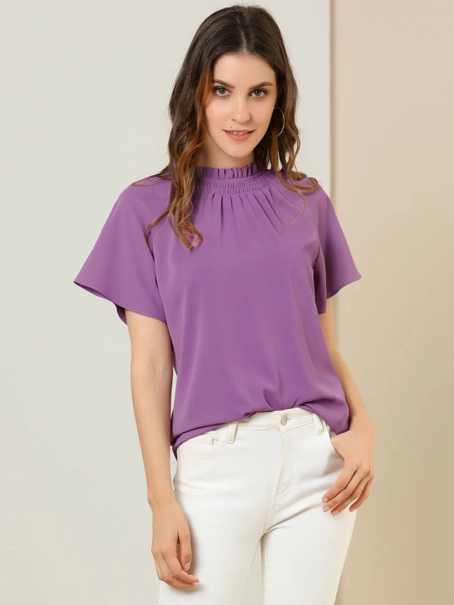 Purple Women's Casual Short Sleeve Blouse with Ruched Ruffle Neckline & Keyhole Back