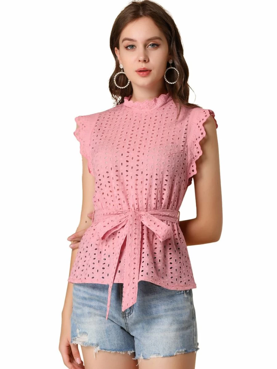 Pink Ruffle Cap Sleeve Frill Mock Neck Eyelet Tie Waist Blouse Top for Women