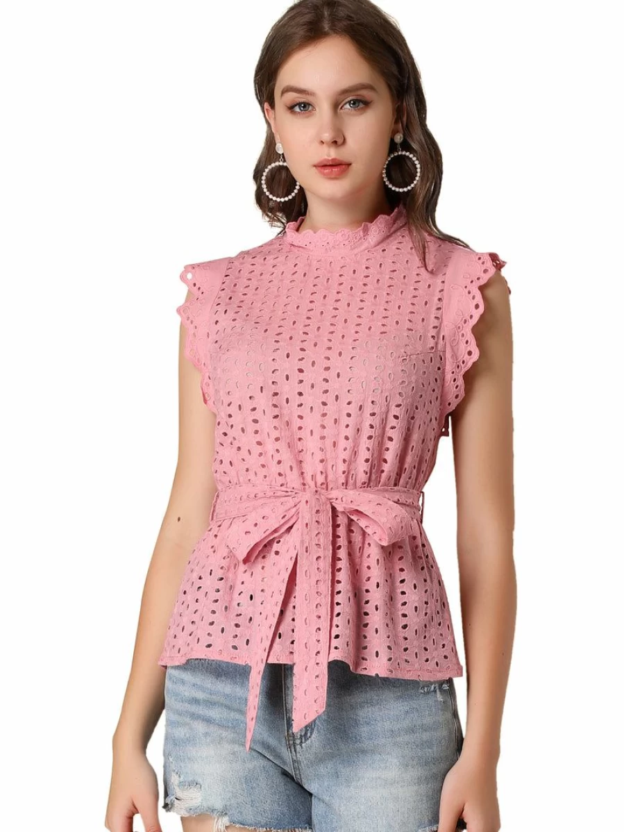 Pink Ruffle Cap Sleeve Frill Mock Neck Eyelet Tie Waist Blouse Top for Women