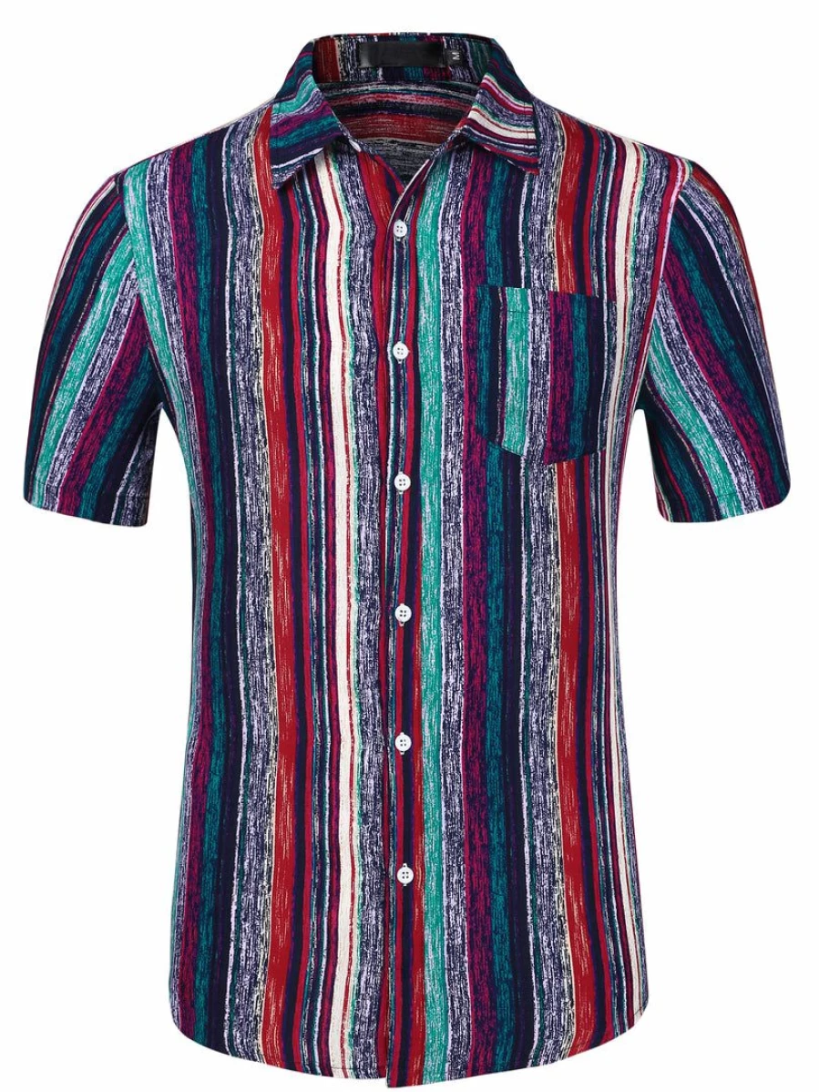 Men's Summer Short Sleeve Button Down Shirt Colorful Vertical Striped Casual Style