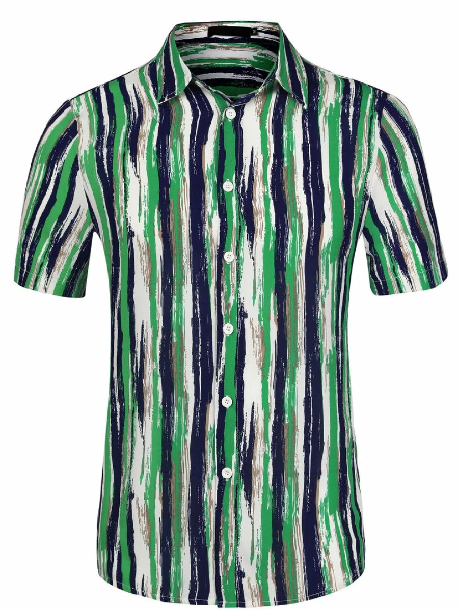 Men's Summer Short Sleeve Button Down Shirt Colorful Vertical Striped Casual Style