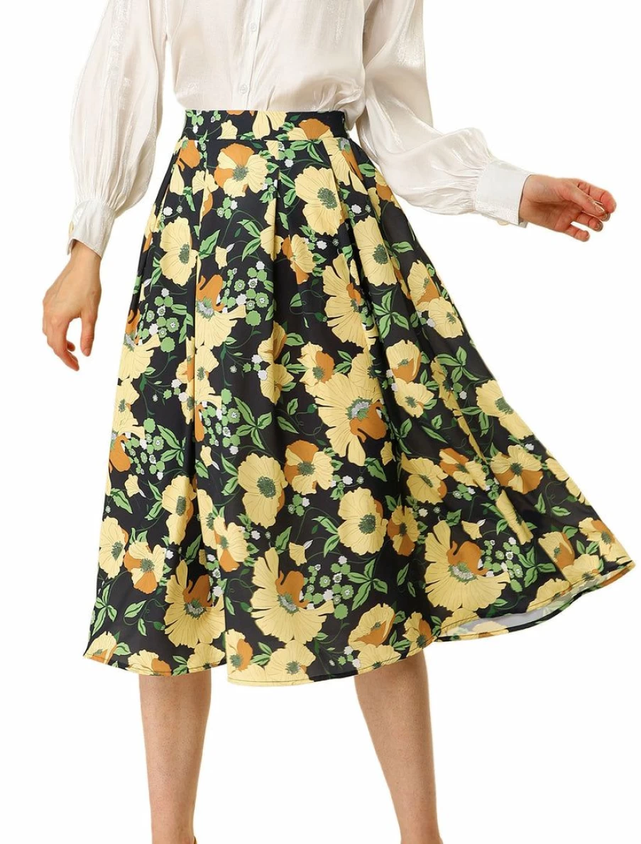 Black & Yellow Floral High Waist Pleated Midi Skirt for Women - Summer A-Line Elastic Waistband Skirt