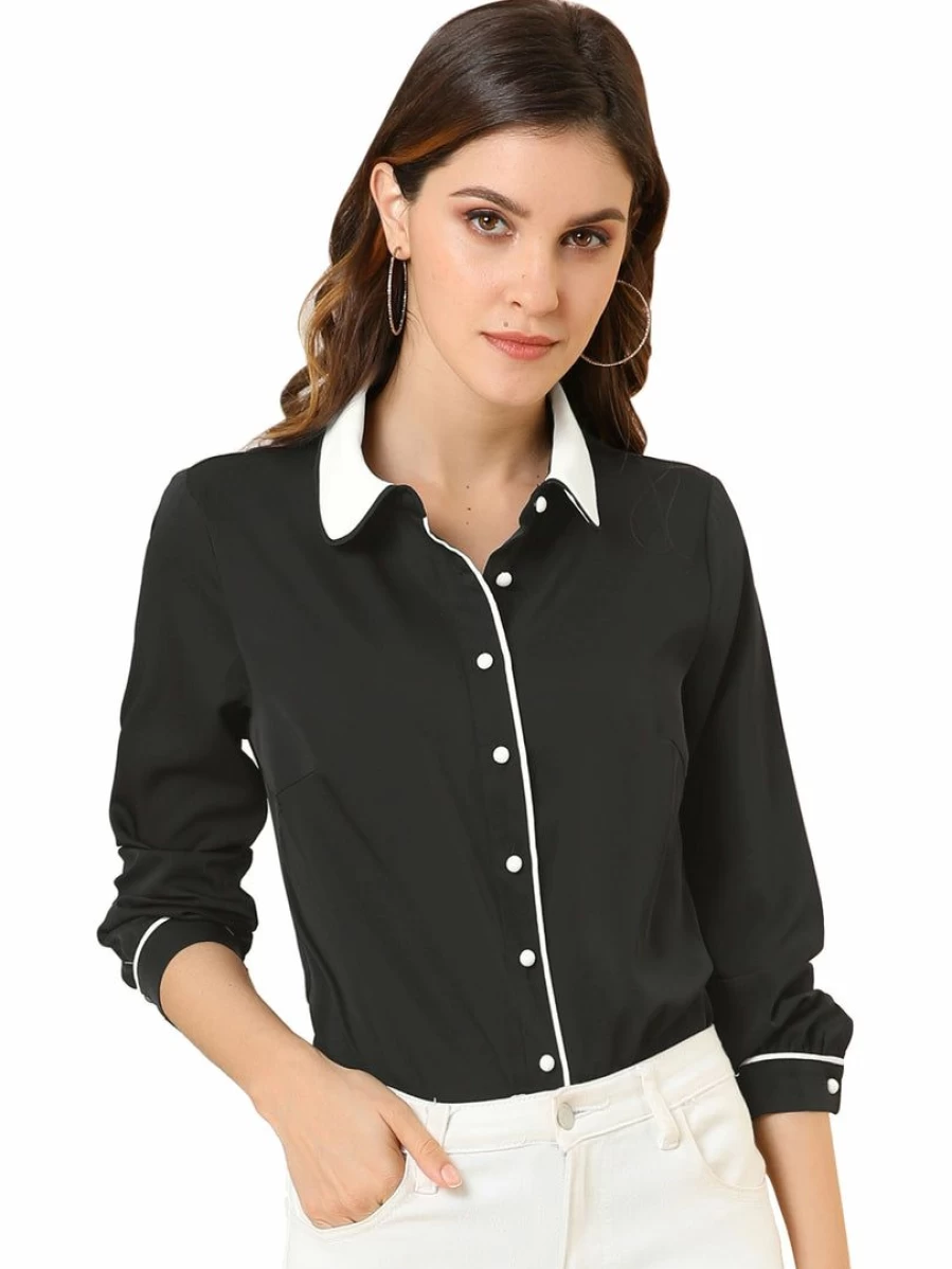 Vintage Women's Long Sleeve Peter Pan Collar Button Down Blouse Top for Work