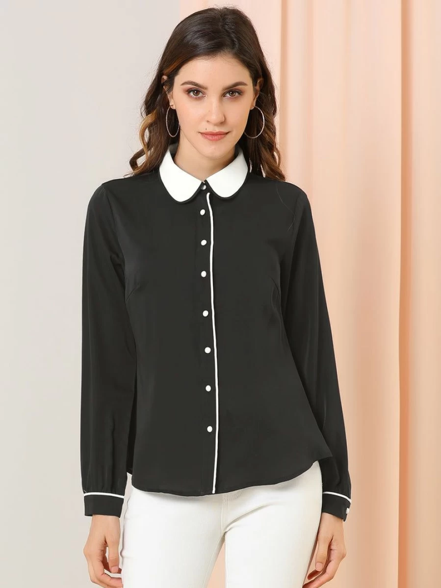 Vintage Women's Long Sleeve Peter Pan Collar Button Down Blouse Top for Work