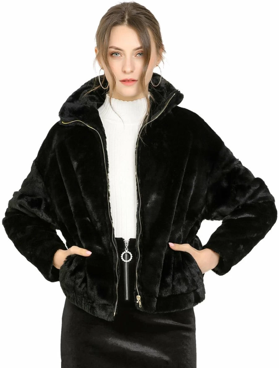 Women's Winter Faux Fur Jacket with Shawl Collar and Front Zipper - Cozy Fluffy Outerwear