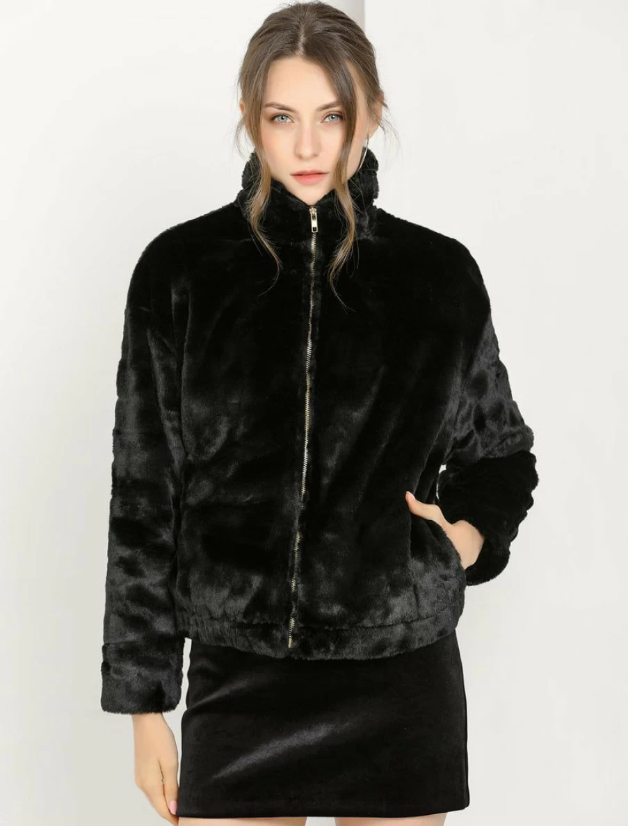 Women's Winter Faux Fur Jacket with Shawl Collar and Front Zipper - Cozy Fluffy Outerwear