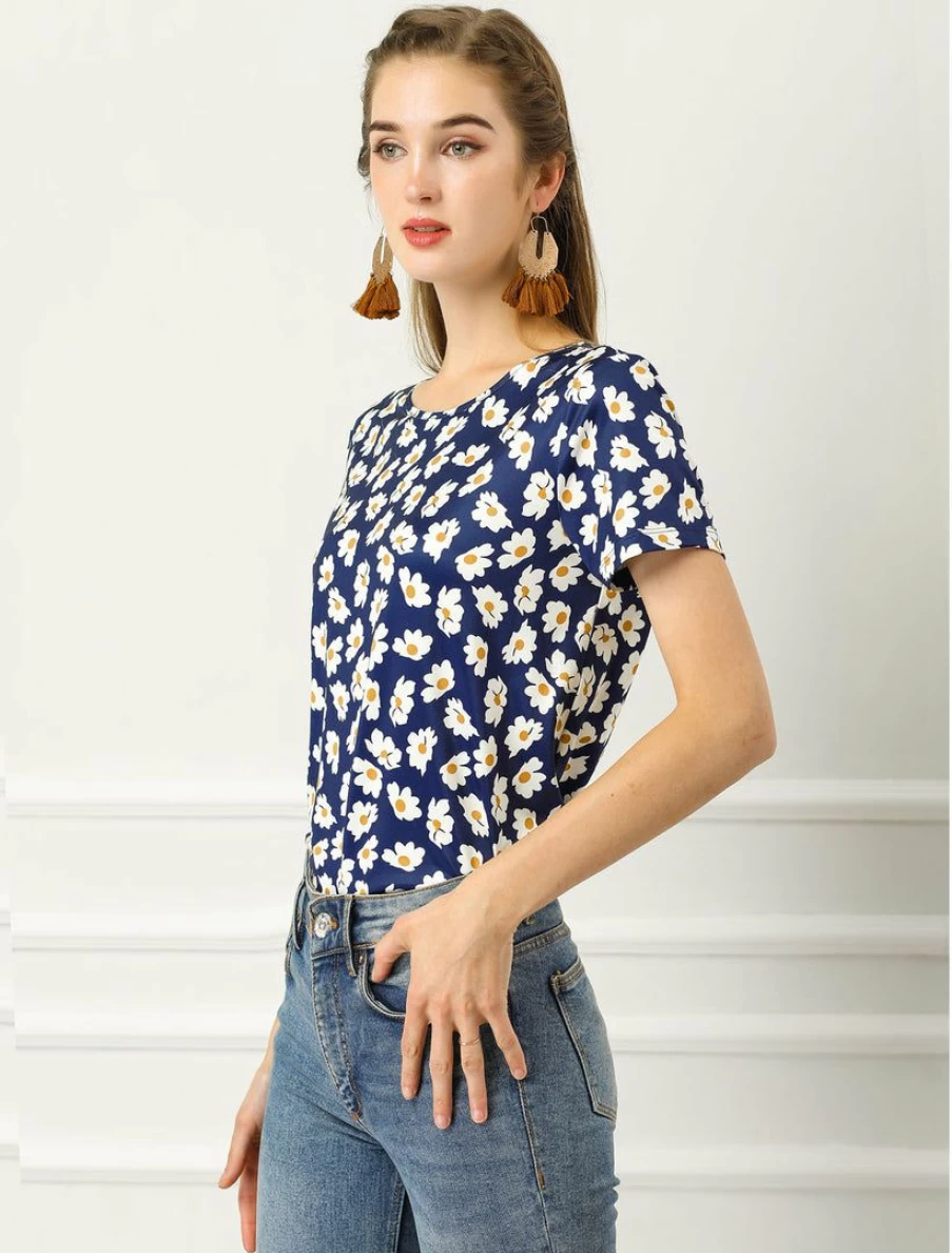 Women's Floral Print Summer Blouse Short Sleeve Crew Neck Daisy Top