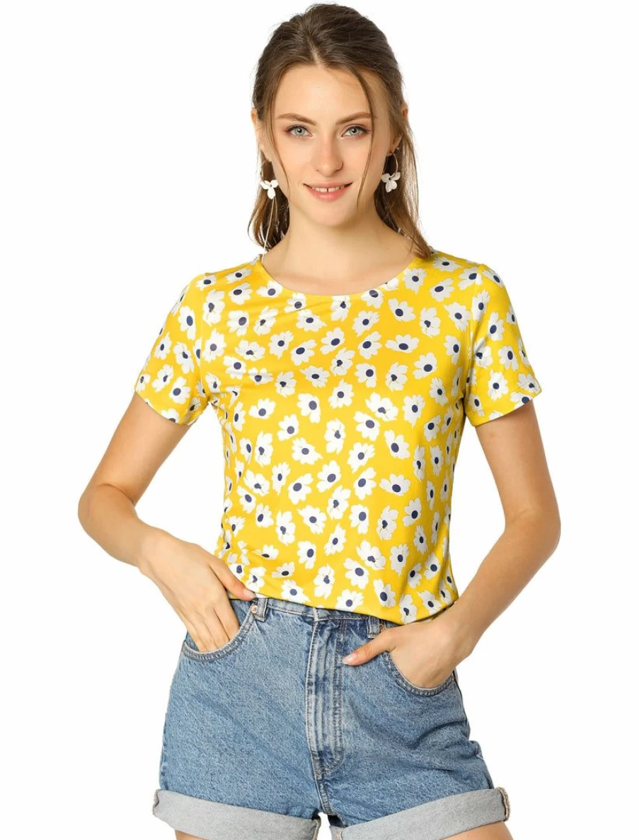 Women's Floral Print Summer Blouse Short Sleeve Crew Neck Daisy Top